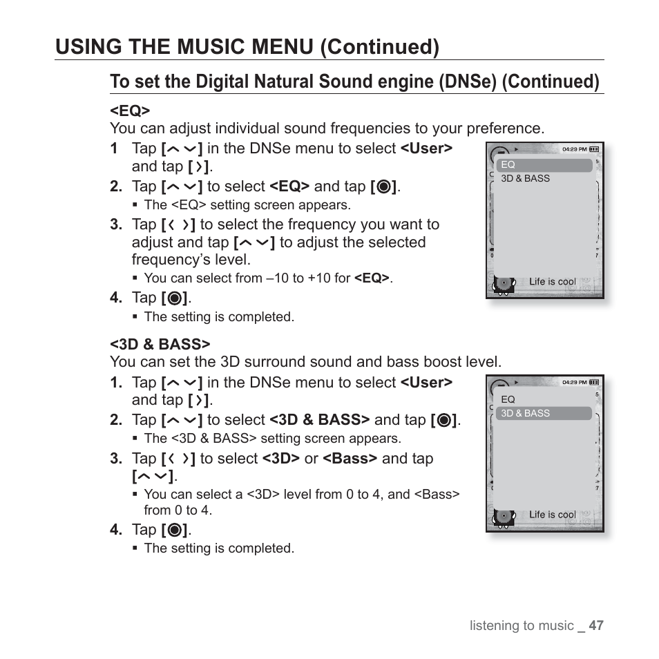 Using the music menu (continued) | Samsung YP-T10JQB-XAC User Manual | Page 47 / 113