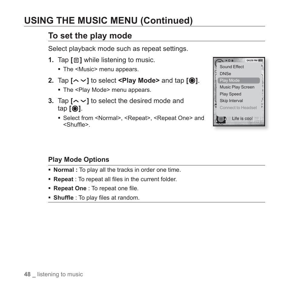 Using the music menu (continued) | Samsung YP-T10JQB-XAC User Manual | Page 48 / 113