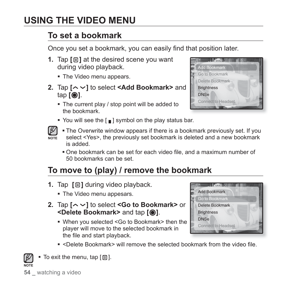 Using the video menu | Samsung YP-T10JQB-XAC User Manual | Page 54 / 113