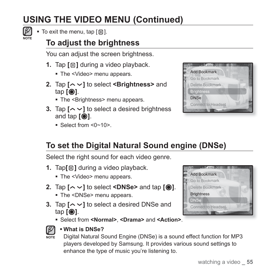 Using the video menu (continued) | Samsung YP-T10JQB-XAC User Manual | Page 55 / 113