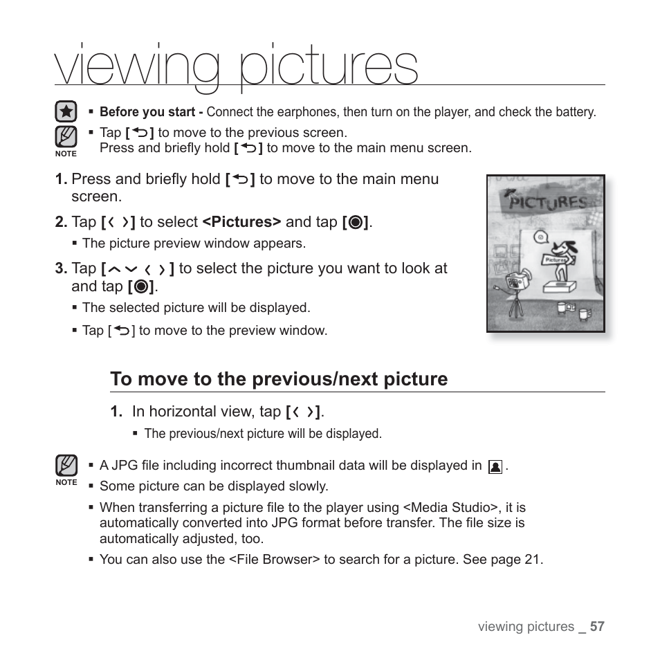 Viewing pictures | Samsung YP-T10JQB-XAC User Manual | Page 57 / 113