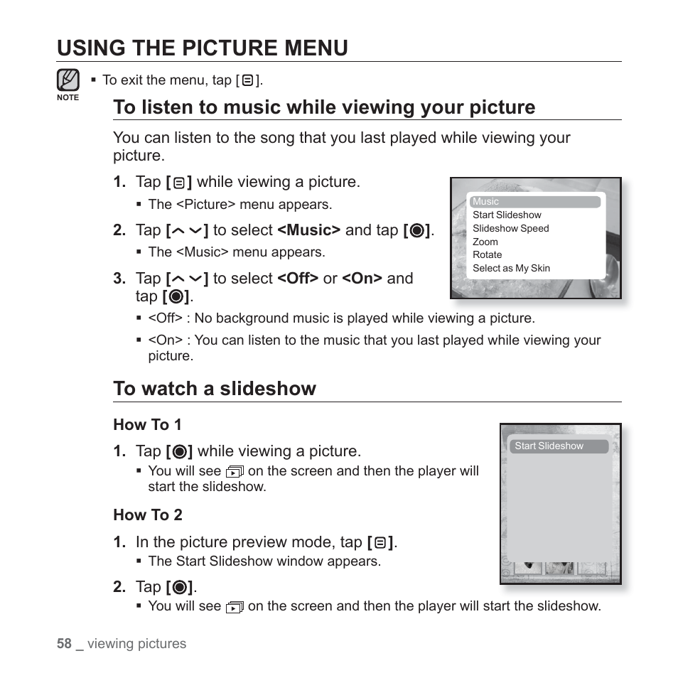 Using the picture menu | Samsung YP-T10JQB-XAC User Manual | Page 58 / 113