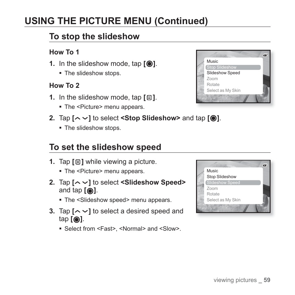 Using the picture menu (continued) | Samsung YP-T10JQB-XAC User Manual | Page 59 / 113