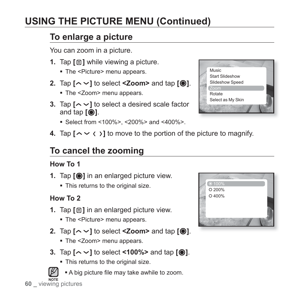 Using the picture menu (continued) | Samsung YP-T10JQB-XAC User Manual | Page 60 / 113