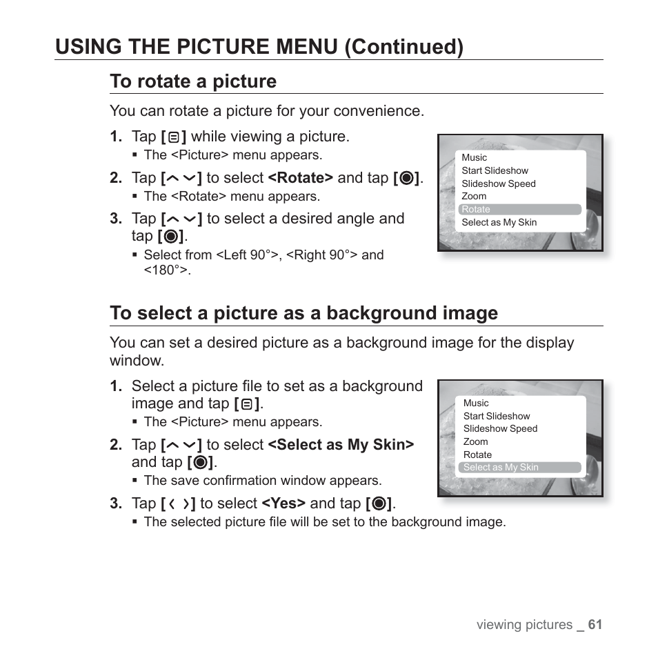 Using the picture menu (continued) | Samsung YP-T10JQB-XAC User Manual | Page 61 / 113