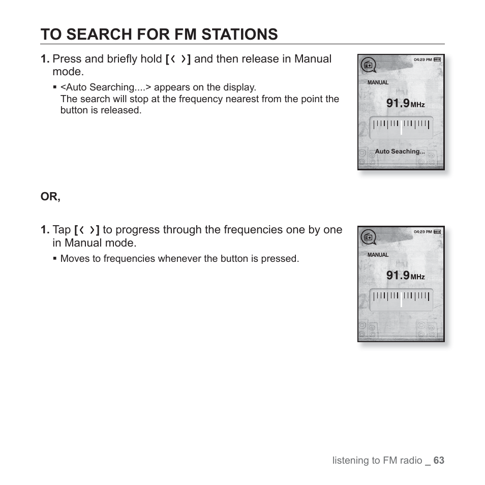 To search for fm stations | Samsung YP-T10JQB-XAC User Manual | Page 63 / 113