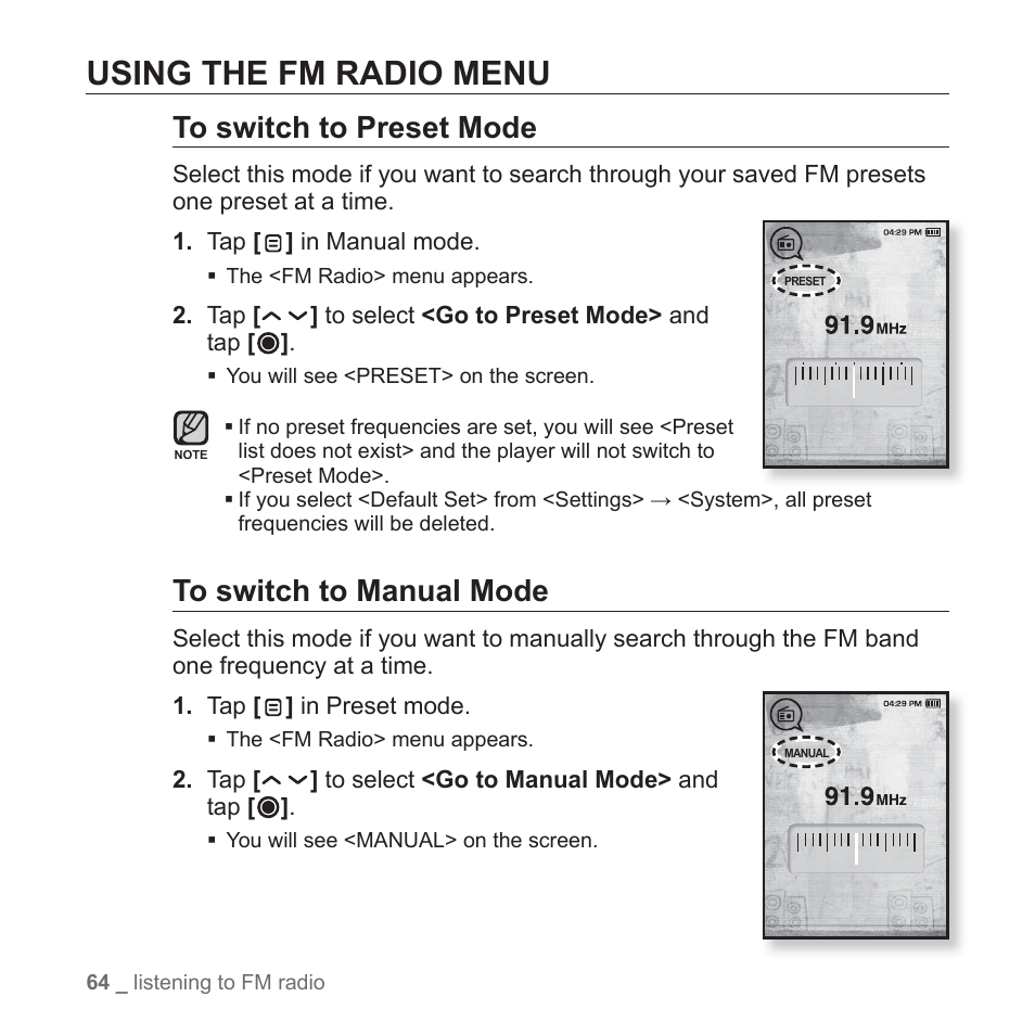 Using the fm radio menu | Samsung YP-T10JQB-XAC User Manual | Page 64 / 113