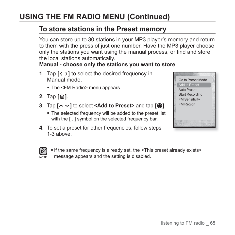 Using the fm radio menu (continued) | Samsung YP-T10JQB-XAC User Manual | Page 65 / 113