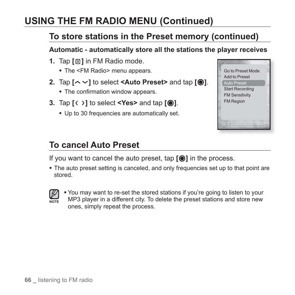 Using the fm radio menu (continued) | Samsung YP-T10JQB-XAC User Manual | Page 66 / 113