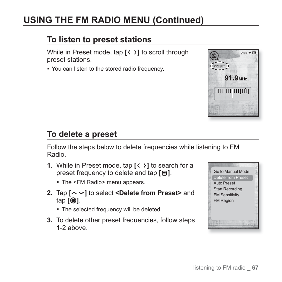 Using the fm radio menu (continued) | Samsung YP-T10JQB-XAC User Manual | Page 67 / 113