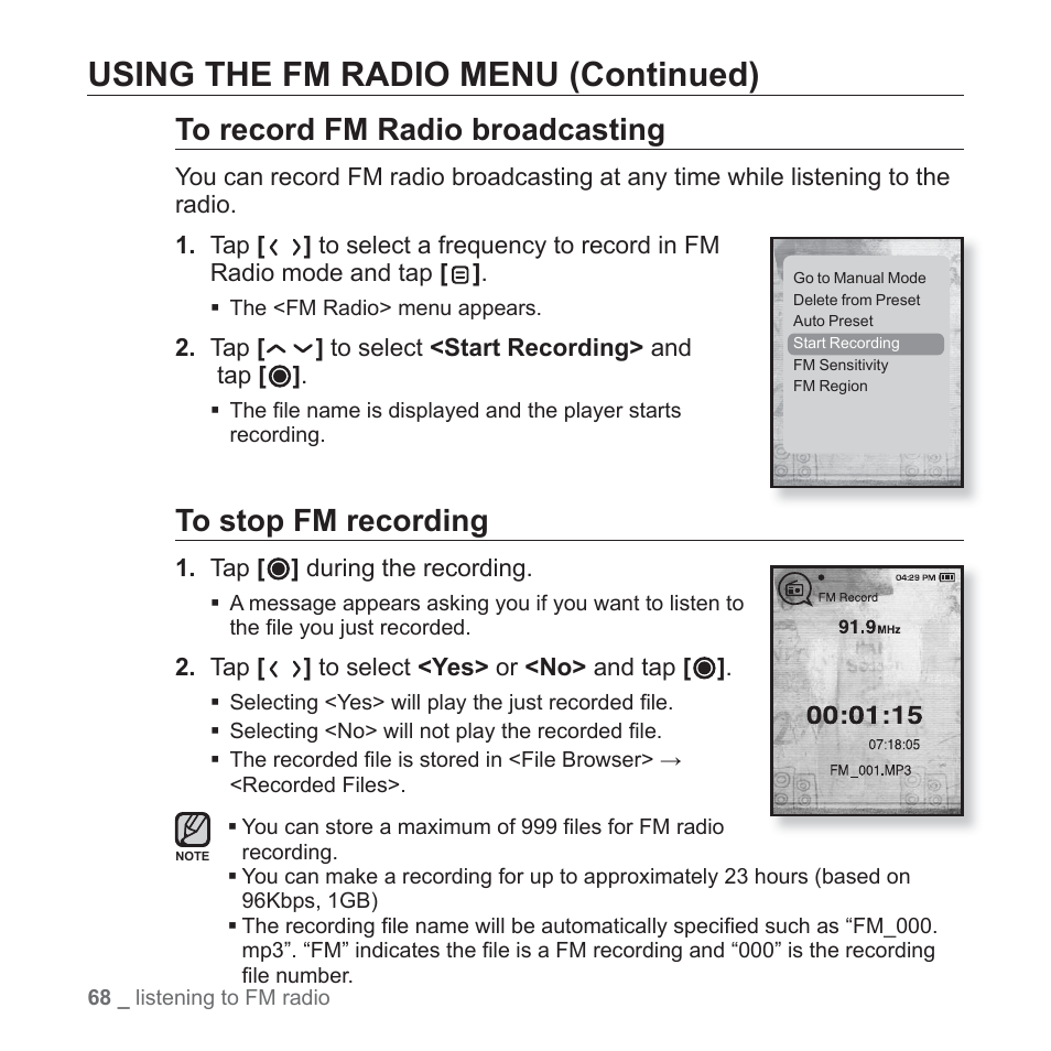 Using the fm radio menu (continued) | Samsung YP-T10JQB-XAC User Manual | Page 68 / 113