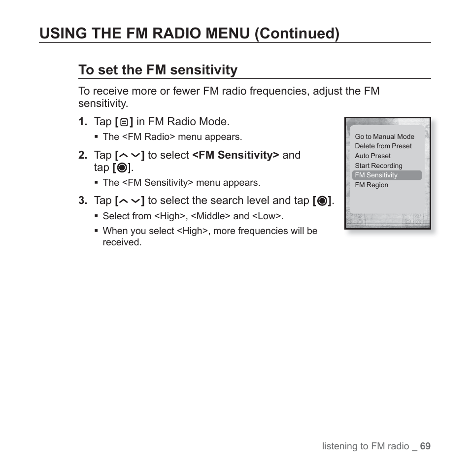 Using the fm radio menu (continued) | Samsung YP-T10JQB-XAC User Manual | Page 69 / 113