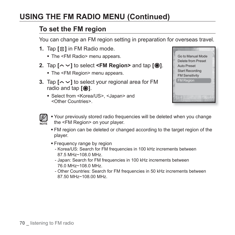 Using the fm radio menu (continued) | Samsung YP-T10JQB-XAC User Manual | Page 70 / 113