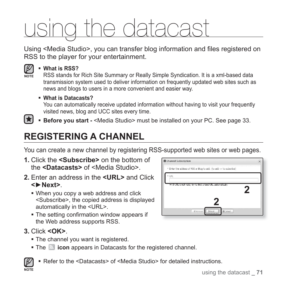 Using the datacast, Registering a channel | Samsung YP-T10JQB-XAC User Manual | Page 71 / 113