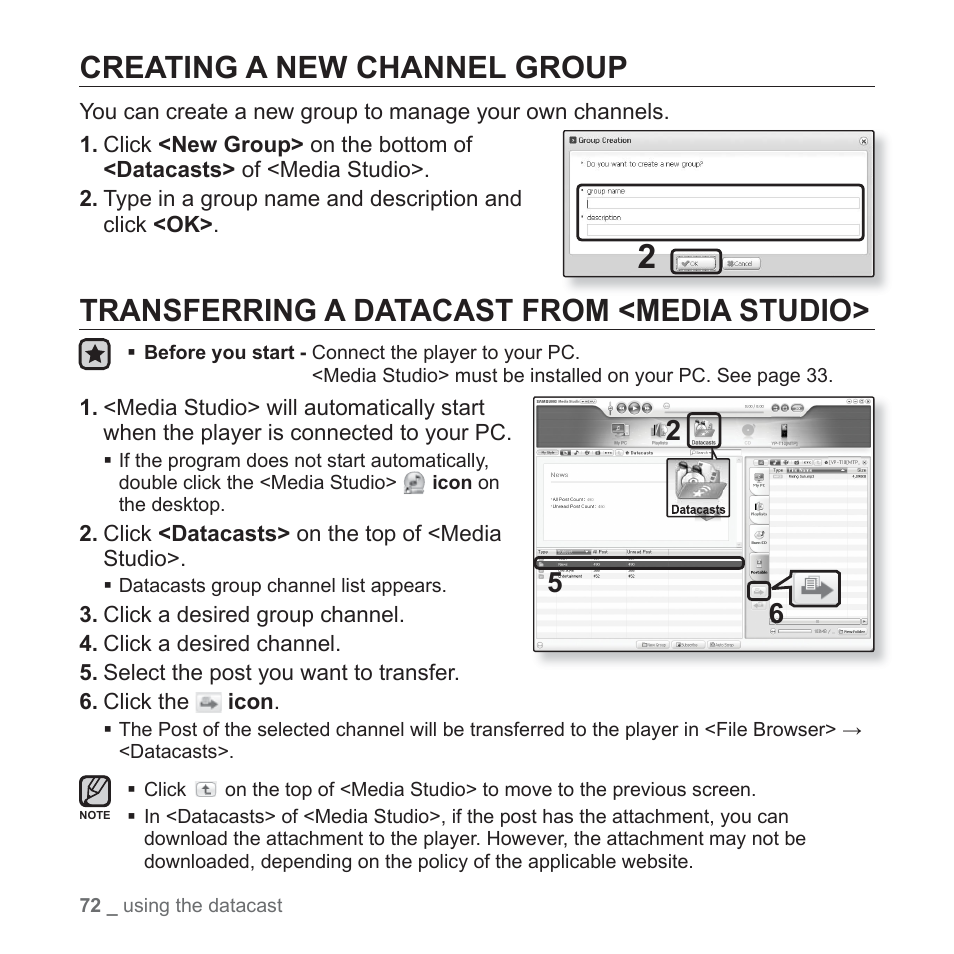 Creating a new channel group, Transferring a datacast from <media studio | Samsung YP-T10JQB-XAC User Manual | Page 72 / 113