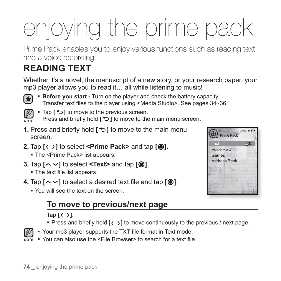 Enjoying the prime pack, Reading text | Samsung YP-T10JQB-XAC User Manual | Page 74 / 113