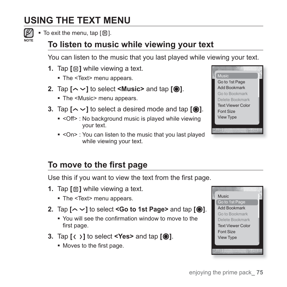 Using the text menu | Samsung YP-T10JQB-XAC User Manual | Page 75 / 113