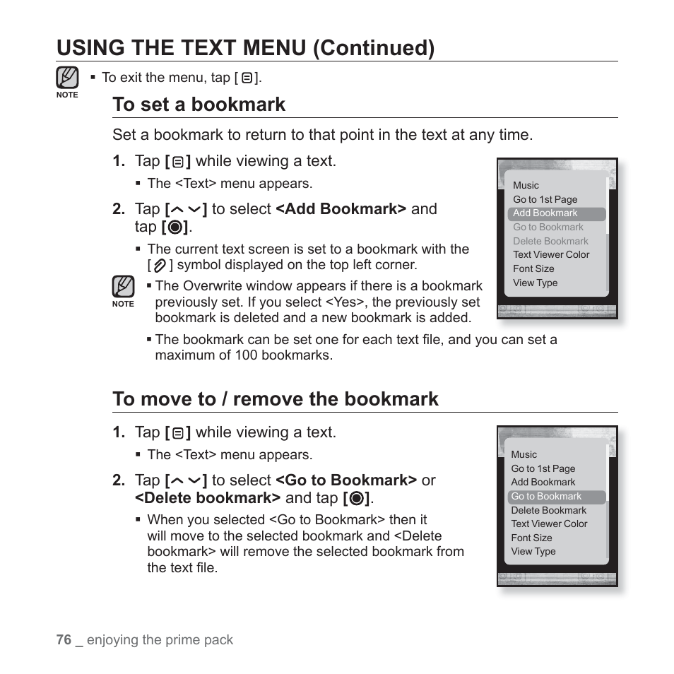 Using the text menu (continued) | Samsung YP-T10JQB-XAC User Manual | Page 76 / 113