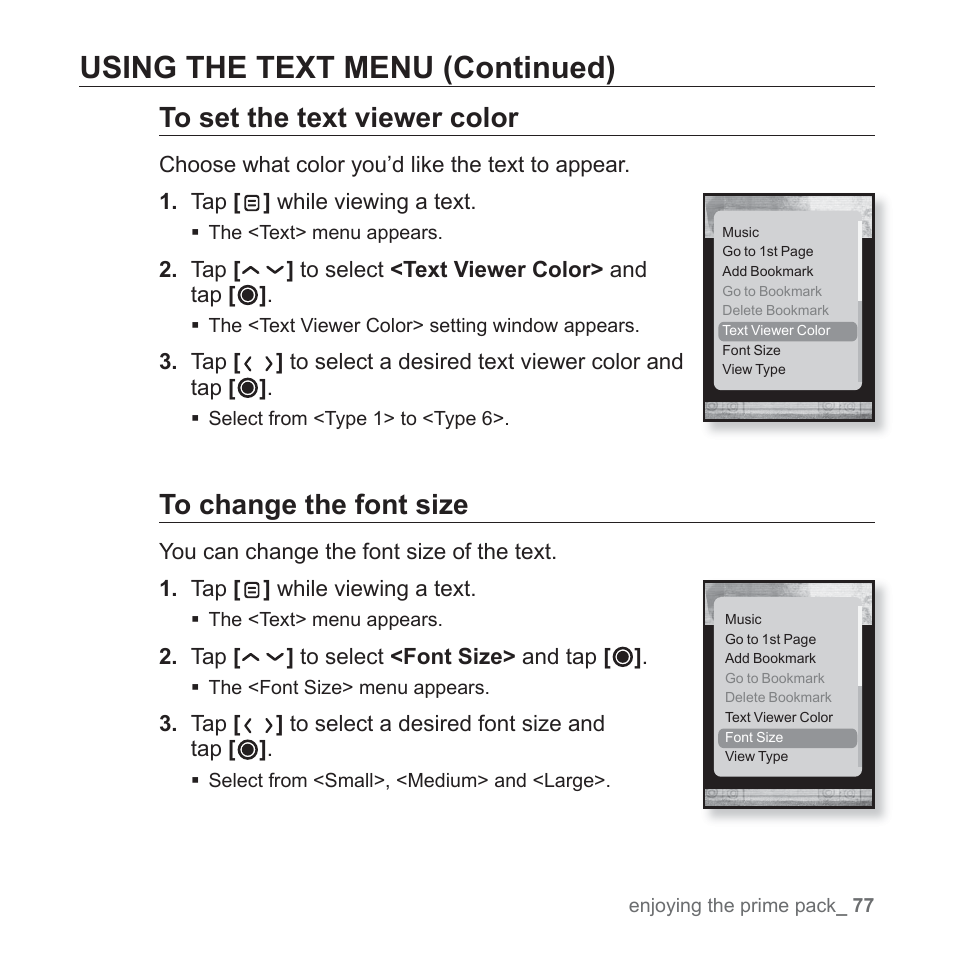 Using the text menu (continued) | Samsung YP-T10JQB-XAC User Manual | Page 77 / 113