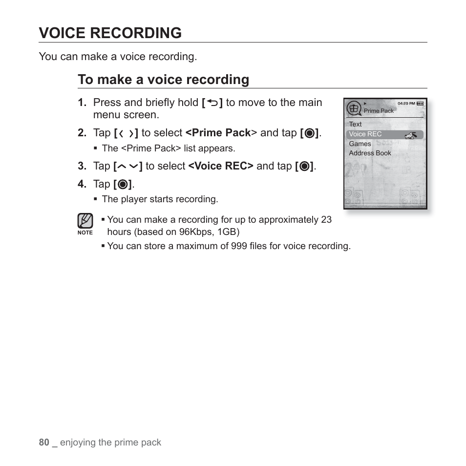 Voice recording | Samsung YP-T10JQB-XAC User Manual | Page 80 / 113