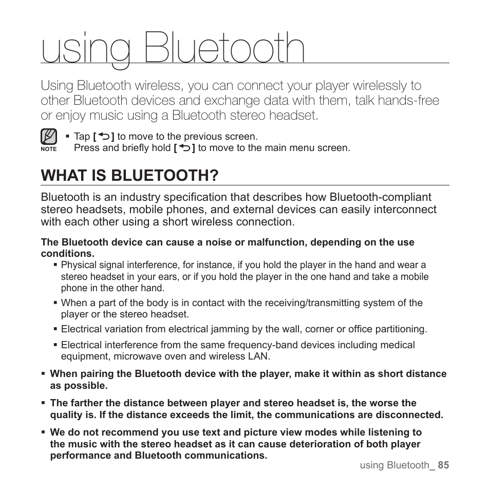 Using bluetooth, What is bluetooth | Samsung YP-T10JQB-XAC User Manual | Page 85 / 113