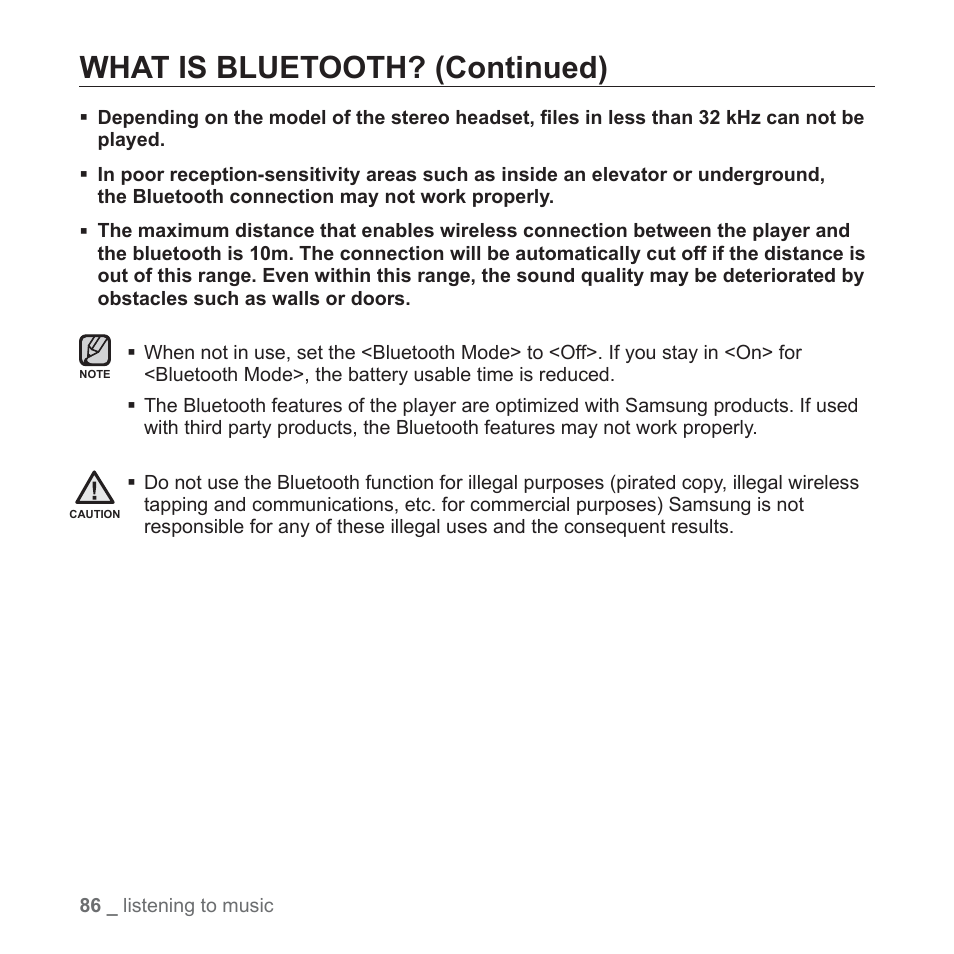 What is bluetooth? (continued) | Samsung YP-T10JQB-XAC User Manual | Page 86 / 113