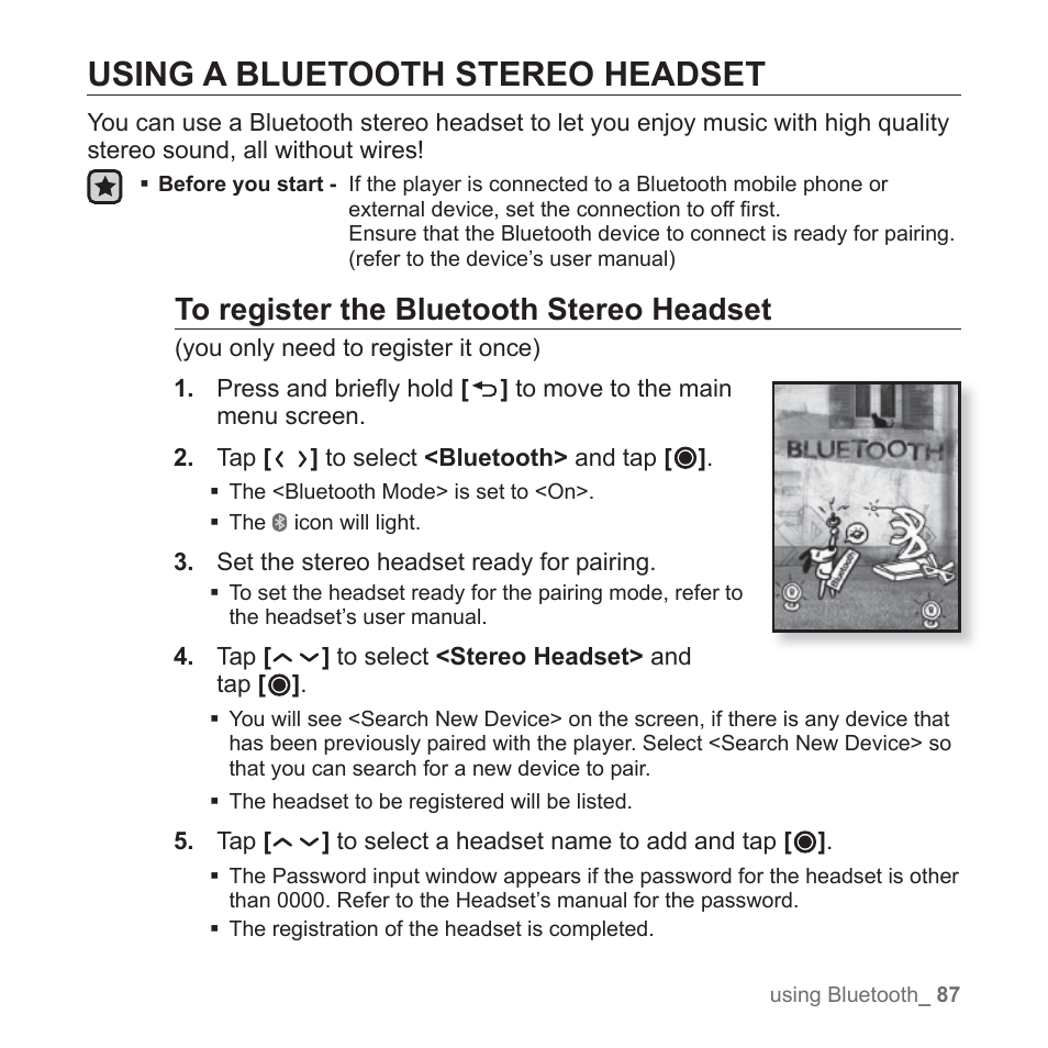 Using a bluetooth stereo headset | Samsung YP-T10JQB-XAC User Manual | Page 87 / 113