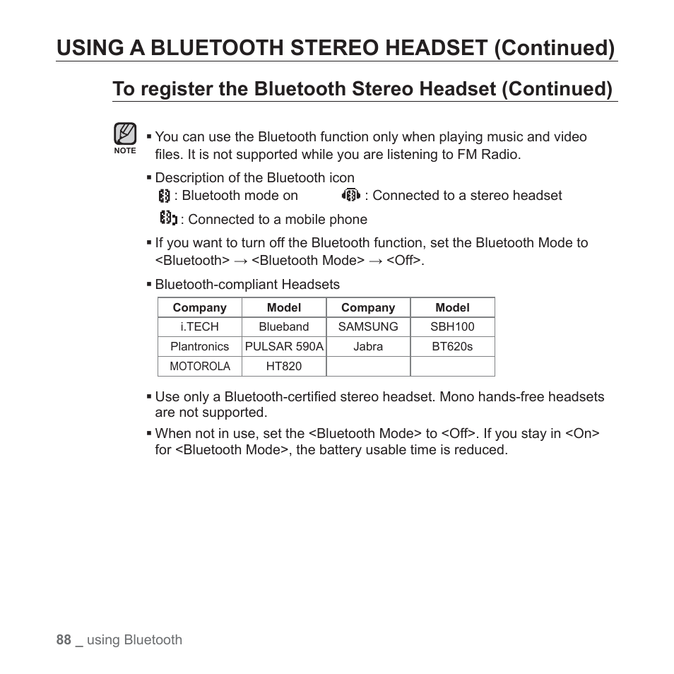 Using a bluetooth stereo headset (continued) | Samsung YP-T10JQB-XAC User Manual | Page 88 / 113