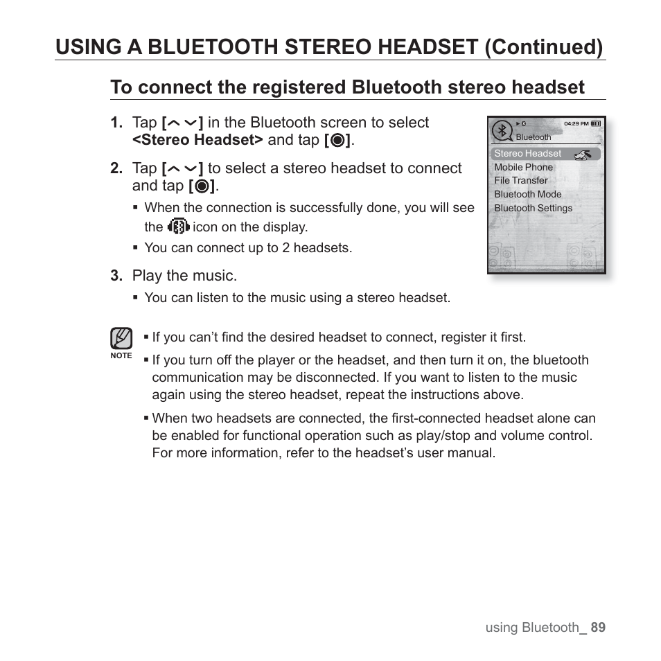 Using a bluetooth stereo headset (continued) | Samsung YP-T10JQB-XAC User Manual | Page 89 / 113