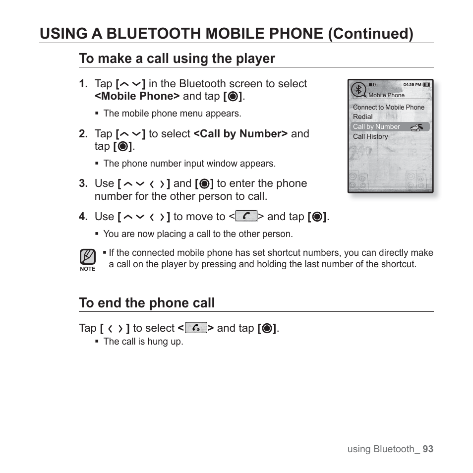 Using a bluetooth mobile phone (continued) | Samsung YP-T10JQB-XAC User Manual | Page 93 / 113