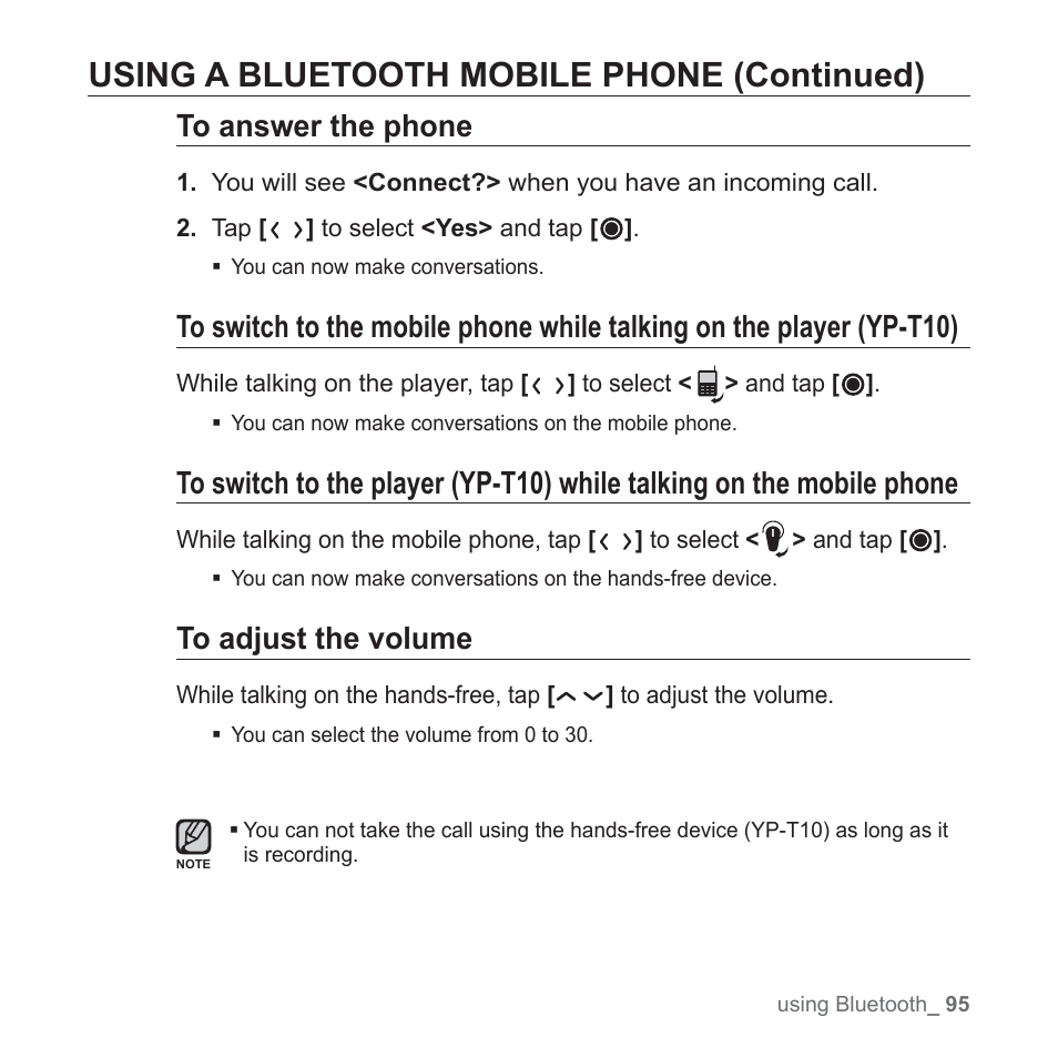 Using a bluetooth mobile phone (continued) | Samsung YP-T10JQB-XAC User Manual | Page 95 / 113