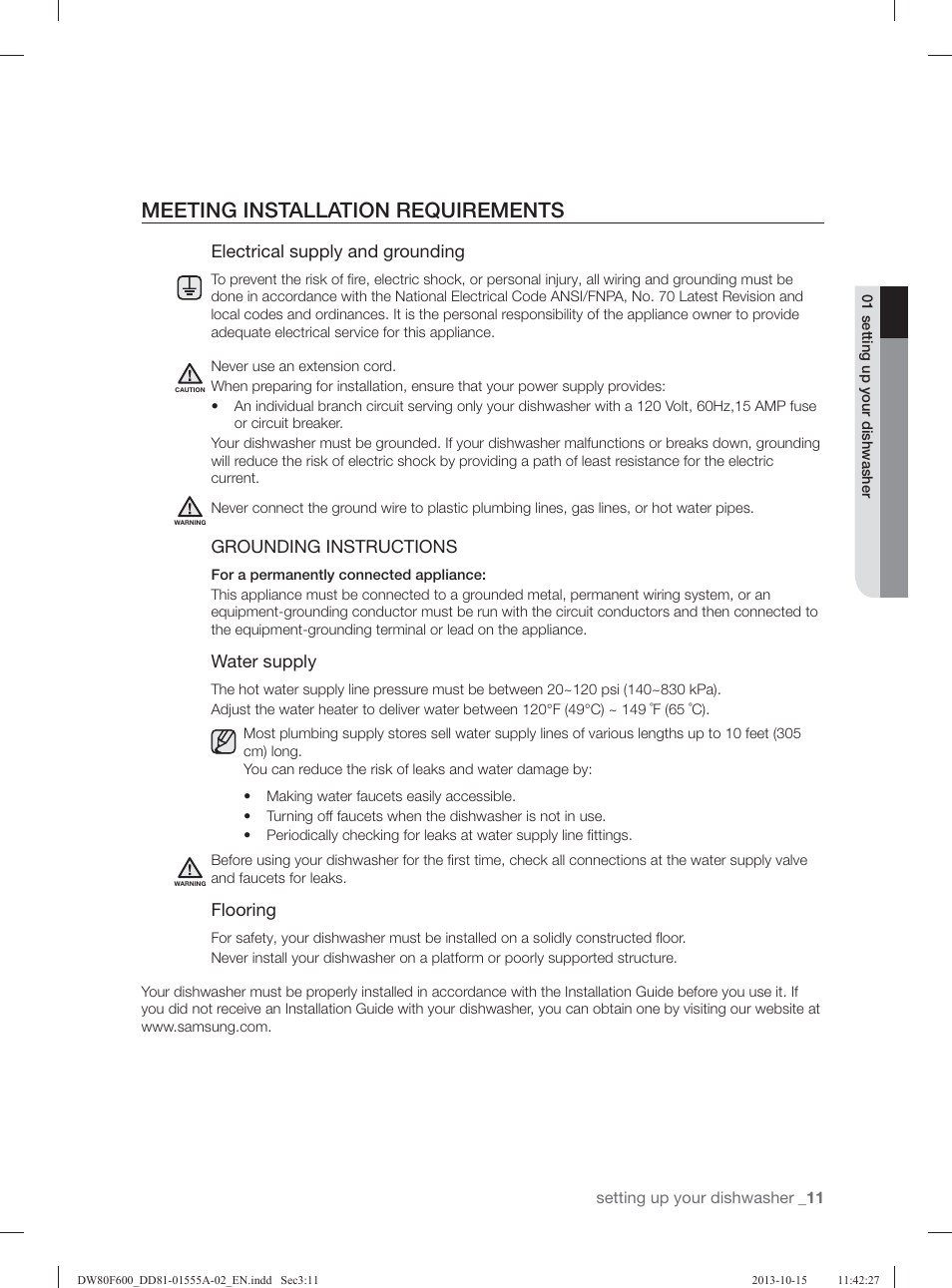 Meeting installation requirements, Electrical supply and grounding, Grounding instructions | Water supply, Flooring | Samsung DW80F600UTB-AA User Manual | Page 11 / 96
