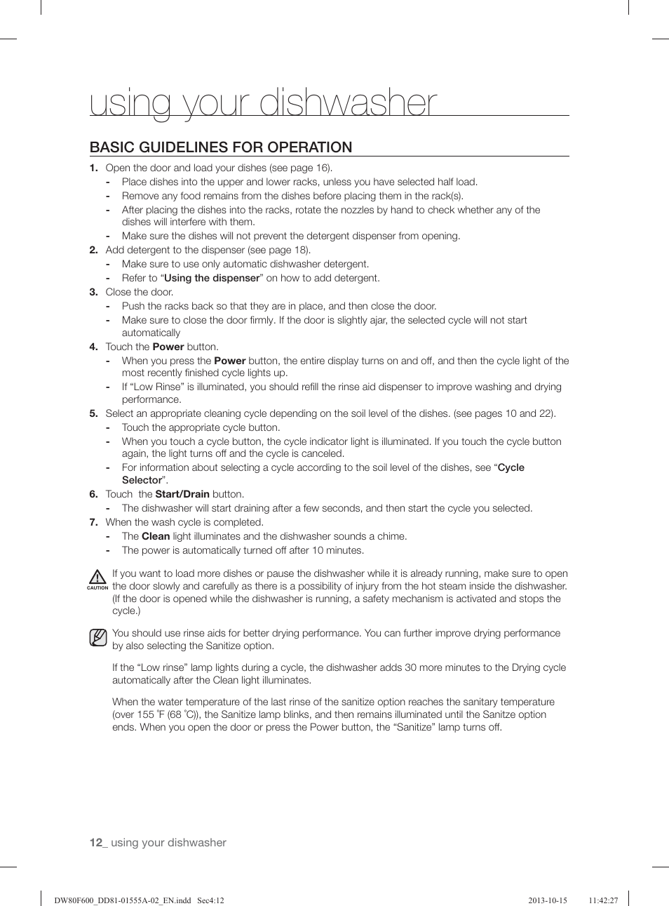 Using your dishwasher, Basic guidelines for operation | Samsung DW80F600UTB-AA User Manual | Page 12 / 96