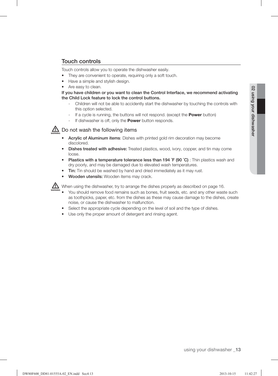 Touch controls, Do not wash the following items | Samsung DW80F600UTB-AA User Manual | Page 13 / 96