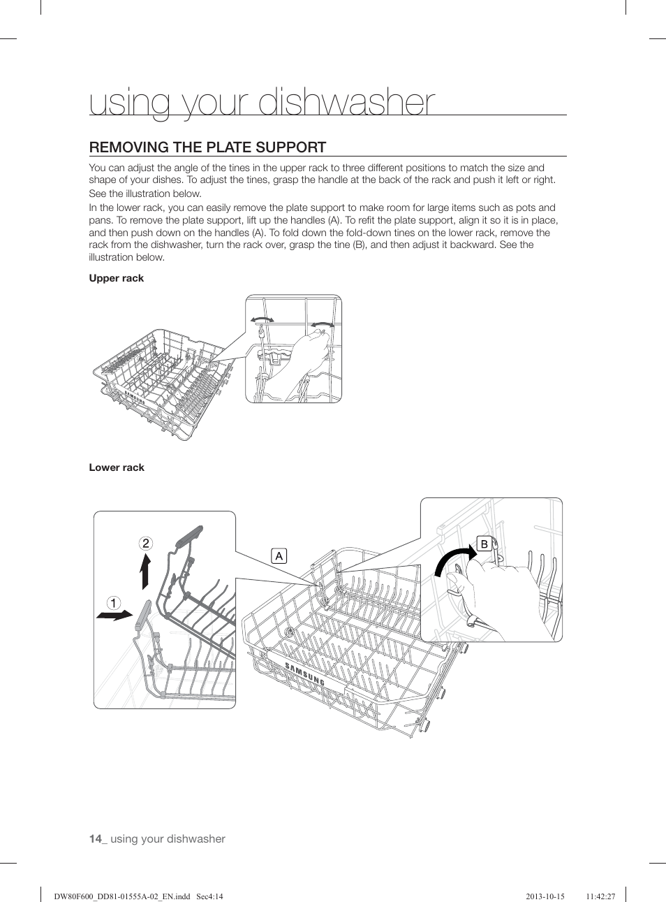 Using your dishwasher, Removing the plate support | Samsung DW80F600UTB-AA User Manual | Page 14 / 96