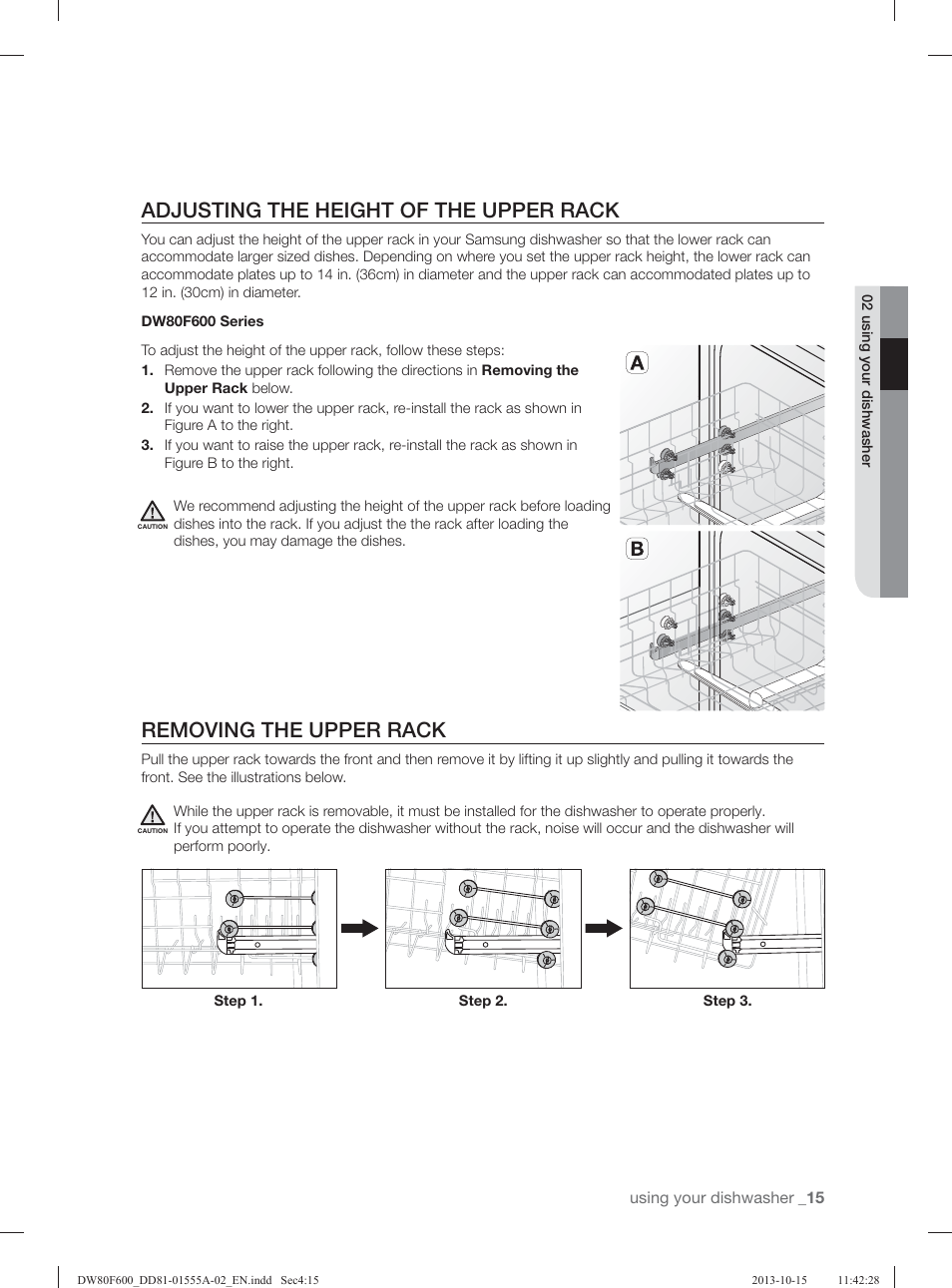 Adjusting the height of the upper rack, Removing the upper rack | Samsung DW80F600UTB-AA User Manual | Page 15 / 96