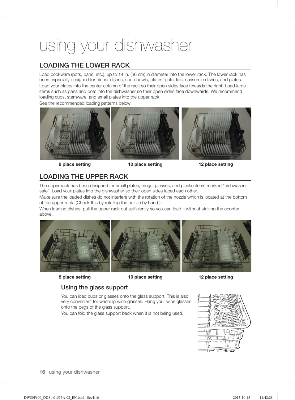 Using your dishwasher, Loading the lower rack, Loading the upper rack | Samsung DW80F600UTB-AA User Manual | Page 16 / 96