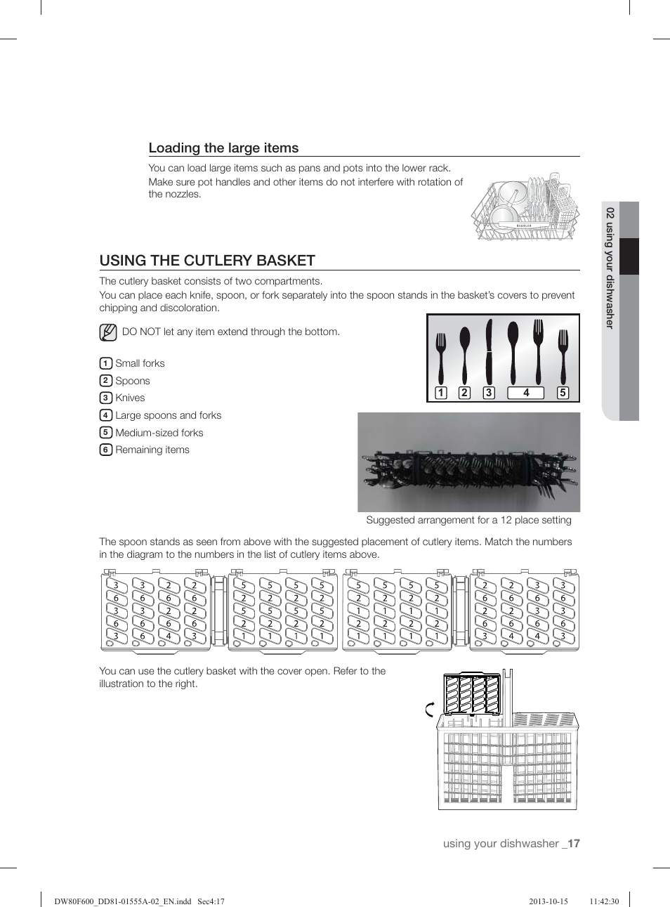 Using the cutlery basket, Loading the large items | Samsung DW80F600UTB-AA User Manual | Page 17 / 96
