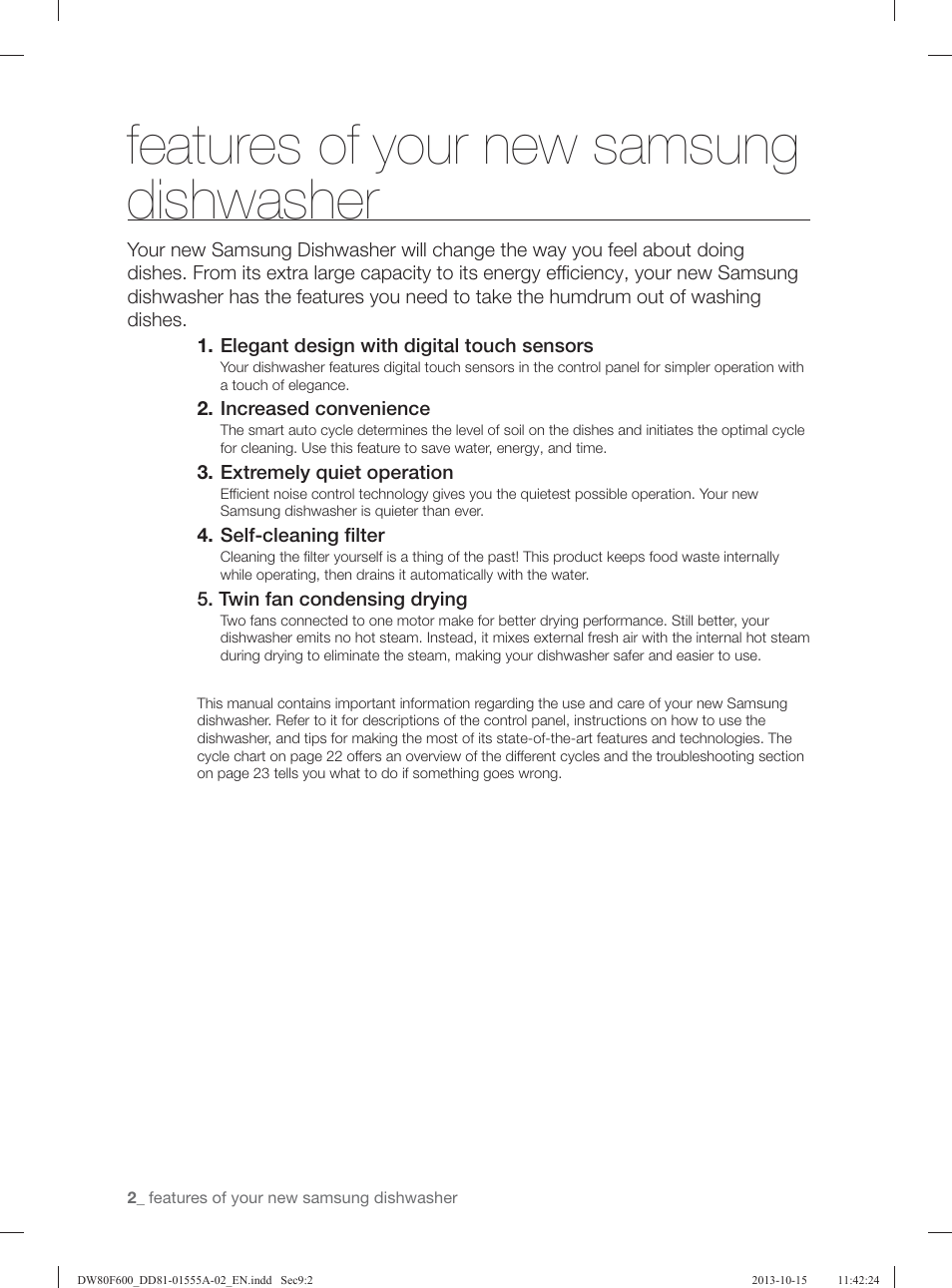 Features of your new samsung dishwasher | Samsung DW80F600UTB-AA User Manual | Page 2 / 96