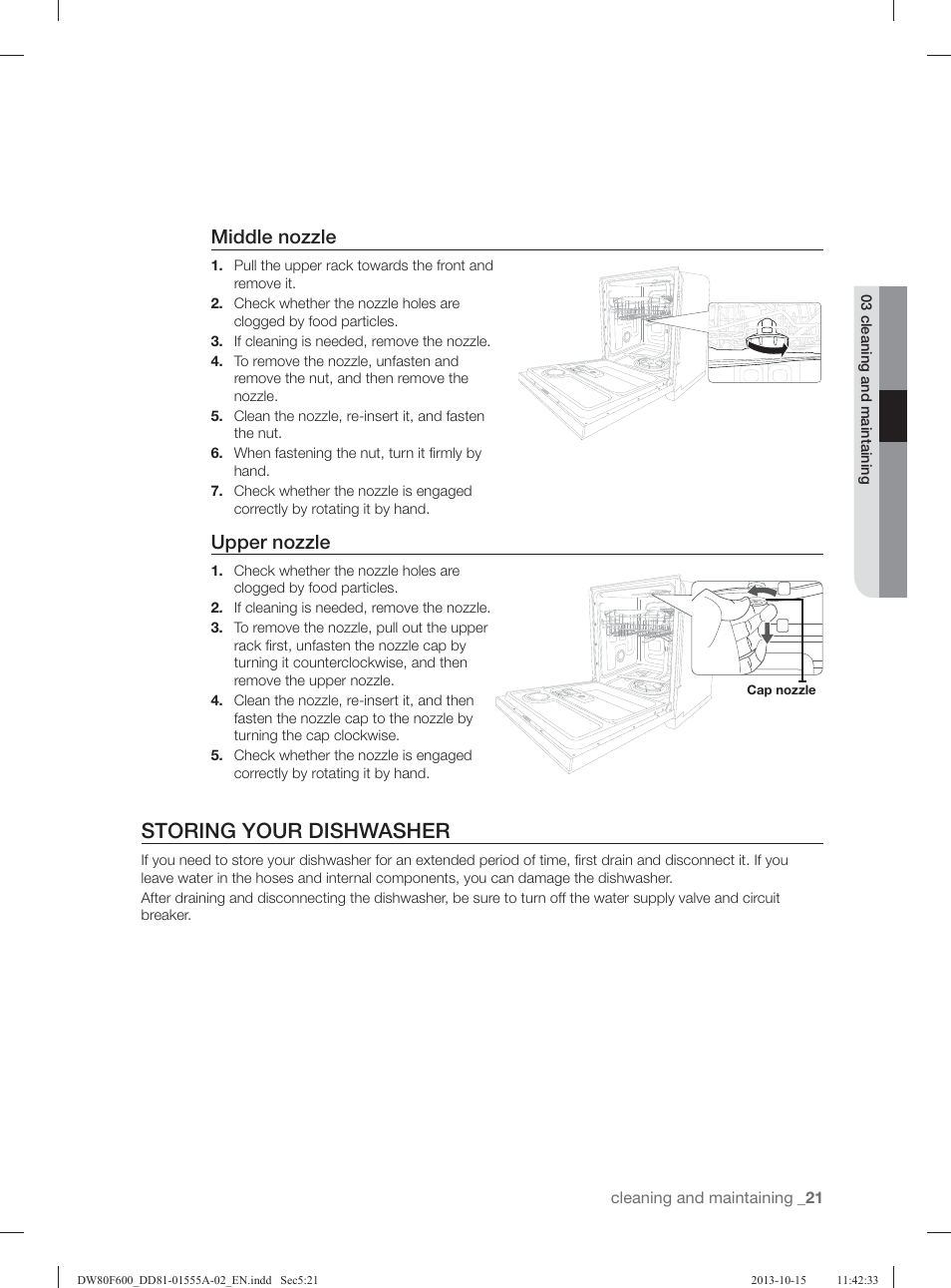Storing your dishwasher, Middle nozzle, Upper nozzle | Samsung DW80F600UTB-AA User Manual | Page 21 / 96