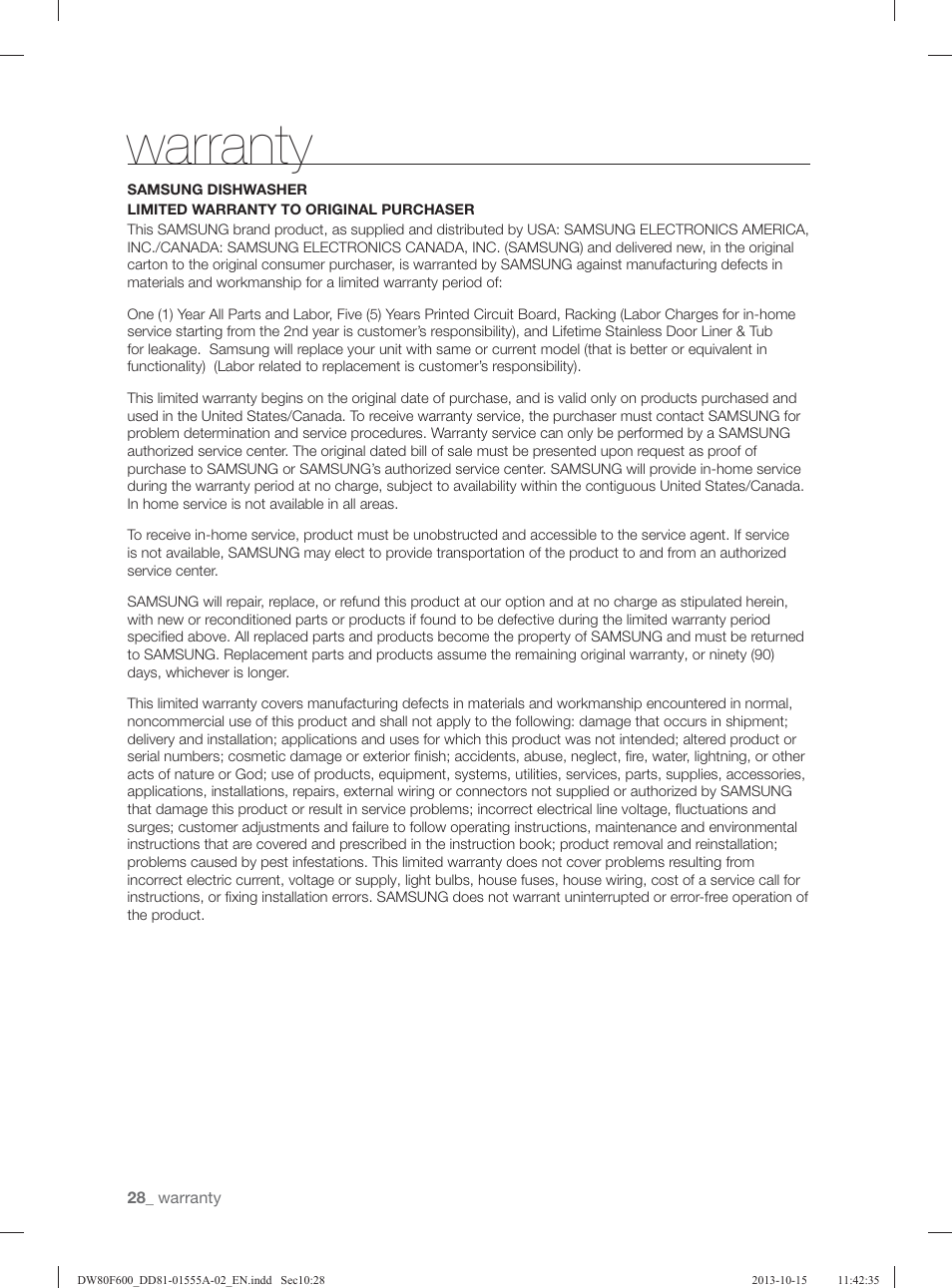 Warranty | Samsung DW80F600UTB-AA User Manual | Page 28 / 96