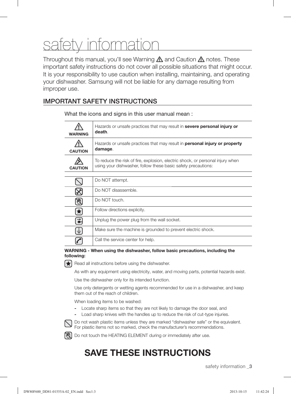 Safety information, Save these instructions, Important safety instructions | Samsung DW80F600UTB-AA User Manual | Page 3 / 96