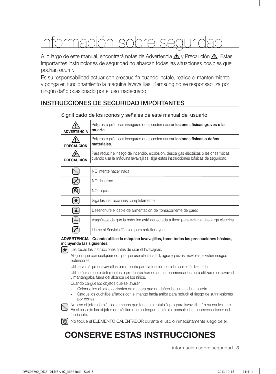Información sobre seguridad, Conserve estas instrucciones, Instrucciones de seguridad importantes | Samsung DW80F600UTB-AA User Manual | Page 35 / 96