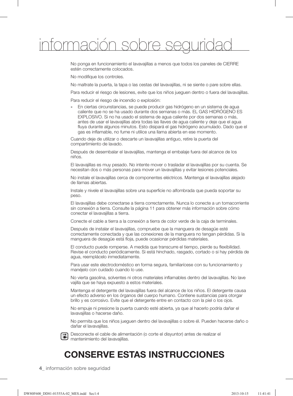 Información sobre seguridad, Conserve estas instrucciones | Samsung DW80F600UTB-AA User Manual | Page 36 / 96