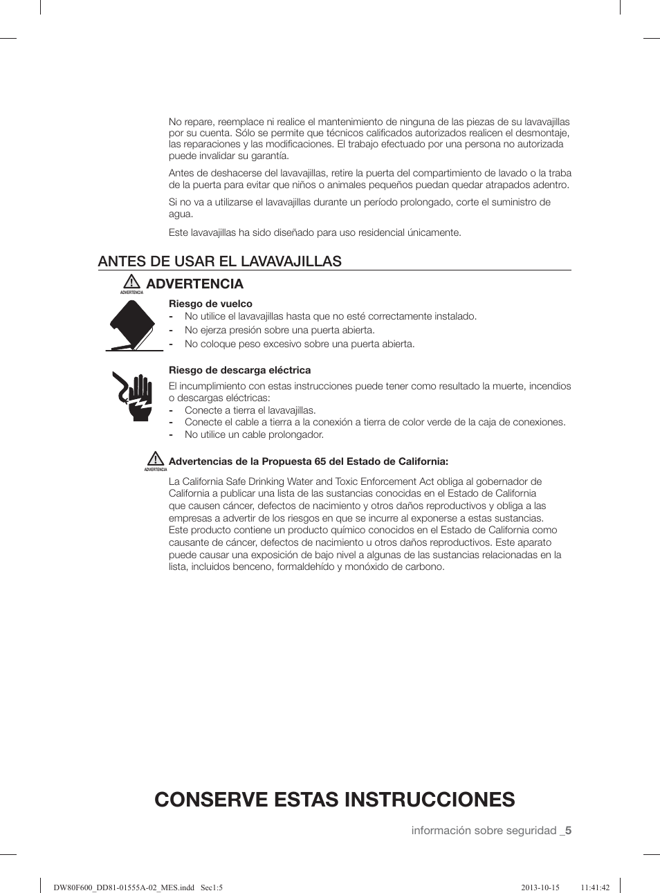 Conserve estas instrucciones, Antes de usar el lavavajillas, Advertencia | Samsung DW80F600UTB-AA User Manual | Page 37 / 96
