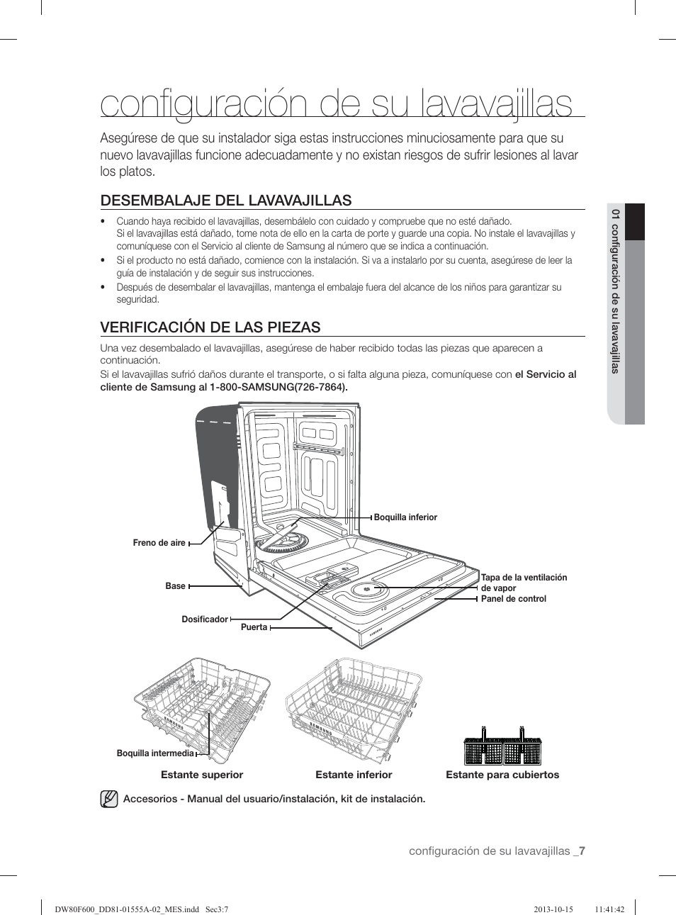 Conﬁ guración de su lavavajillas, Desembalaje del lavavajillas, Verificación de las piezas | Samsung DW80F600UTB-AA User Manual | Page 39 / 96