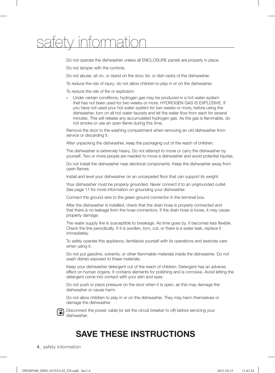 Safety information, Save these instructions | Samsung DW80F600UTB-AA User Manual | Page 4 / 96