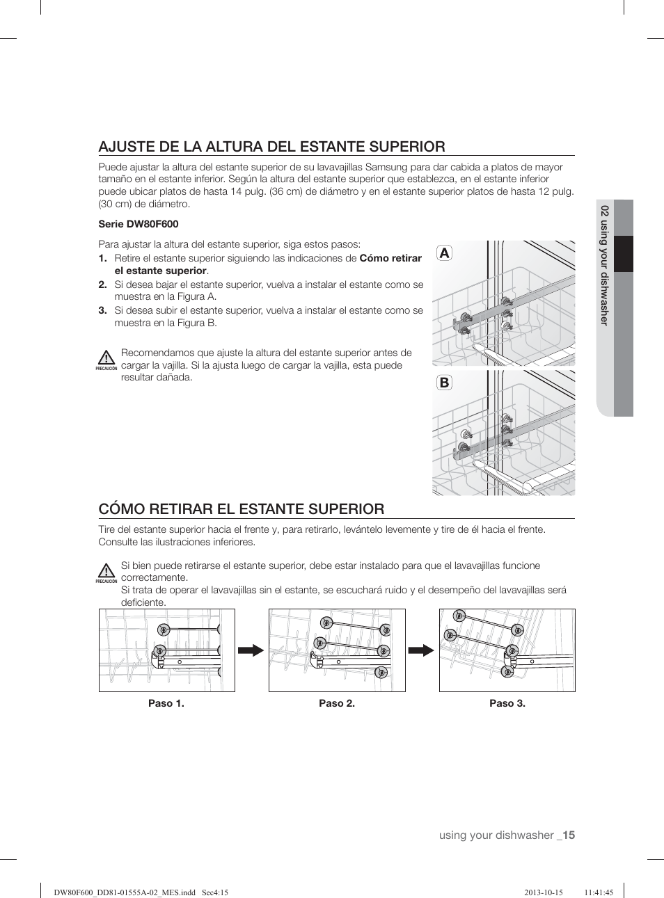 Ajuste de la altura del estante superior, Cómo retirar el estante superior | Samsung DW80F600UTB-AA User Manual | Page 47 / 96