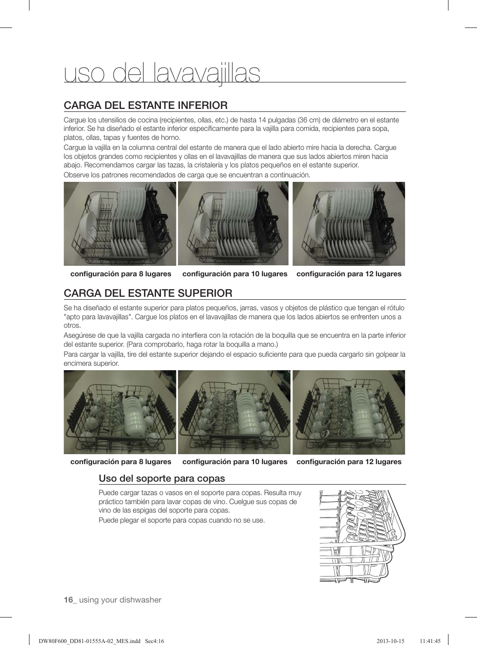Uso del lavavajillas, Carga del estante inferior, Carga del estante superior | Samsung DW80F600UTB-AA User Manual | Page 48 / 96