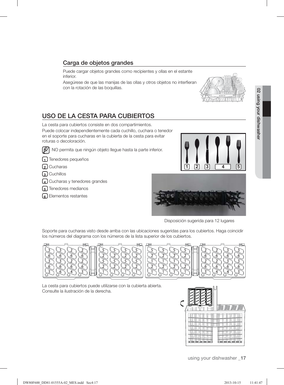 Uso de la cesta para cubiertos, Carga de objetos grandes | Samsung DW80F600UTB-AA User Manual | Page 49 / 96